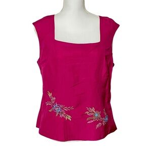Just In Thyme Elegant Vintage Magenta Floral Embroidered Blouse, Sleeveless